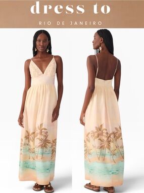 DRESS TO RIO DE JANEIRO BEIGE VERANIL EMBROIDERED TROPICAL MAXI DRESS NWT SMALL